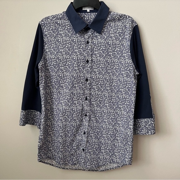 Naracamicie Collared 3/4 Sleeve Button Up Shirt Blue Leaf Print Italy Sz M - Picture 1 of 8